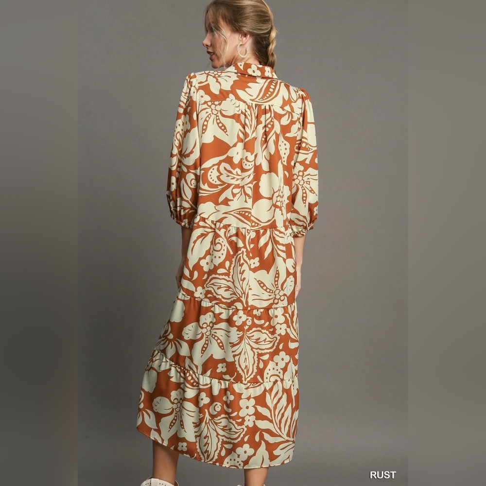 Umgee Rust and Cream Floral Midi Dress Sz S, M, L - Picture 3 of 3
